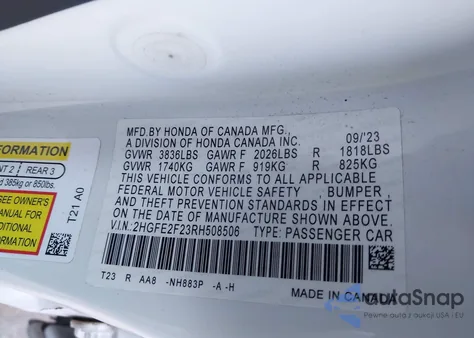 2024 Honda Civic Lx из США, поврежденный, VIN 2HGFE2F23RH508506